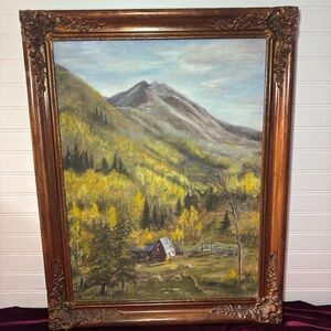 Vintage original oil painting mountain landscape with cabin
